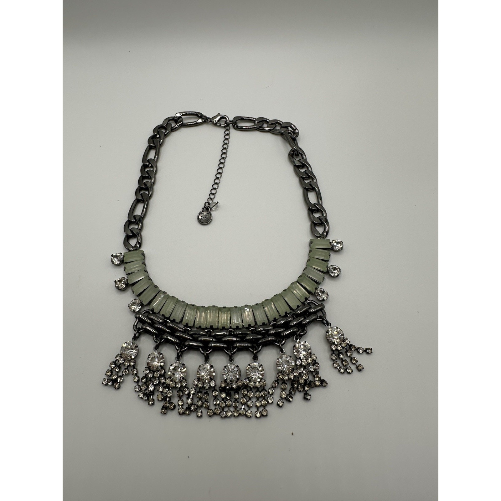 Olivia Welles Victoria Style Chain Bib Necklace Green And Clear Crystals 16”